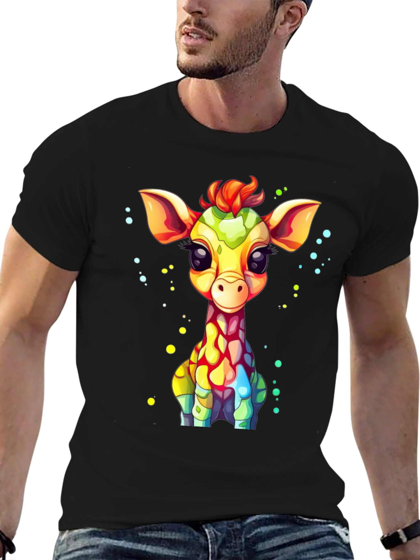 Cartoon Giraffe Graphic Tee - Unisex Black T-Shirt