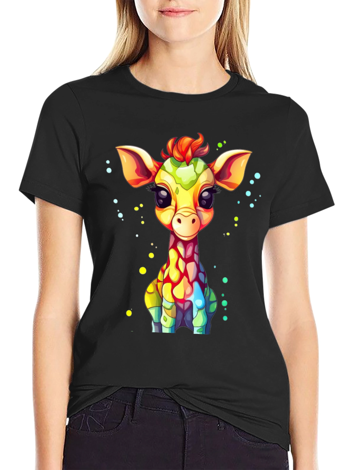 Cartoon Giraffe Graphic Tee - Unisex Black T-Shirt