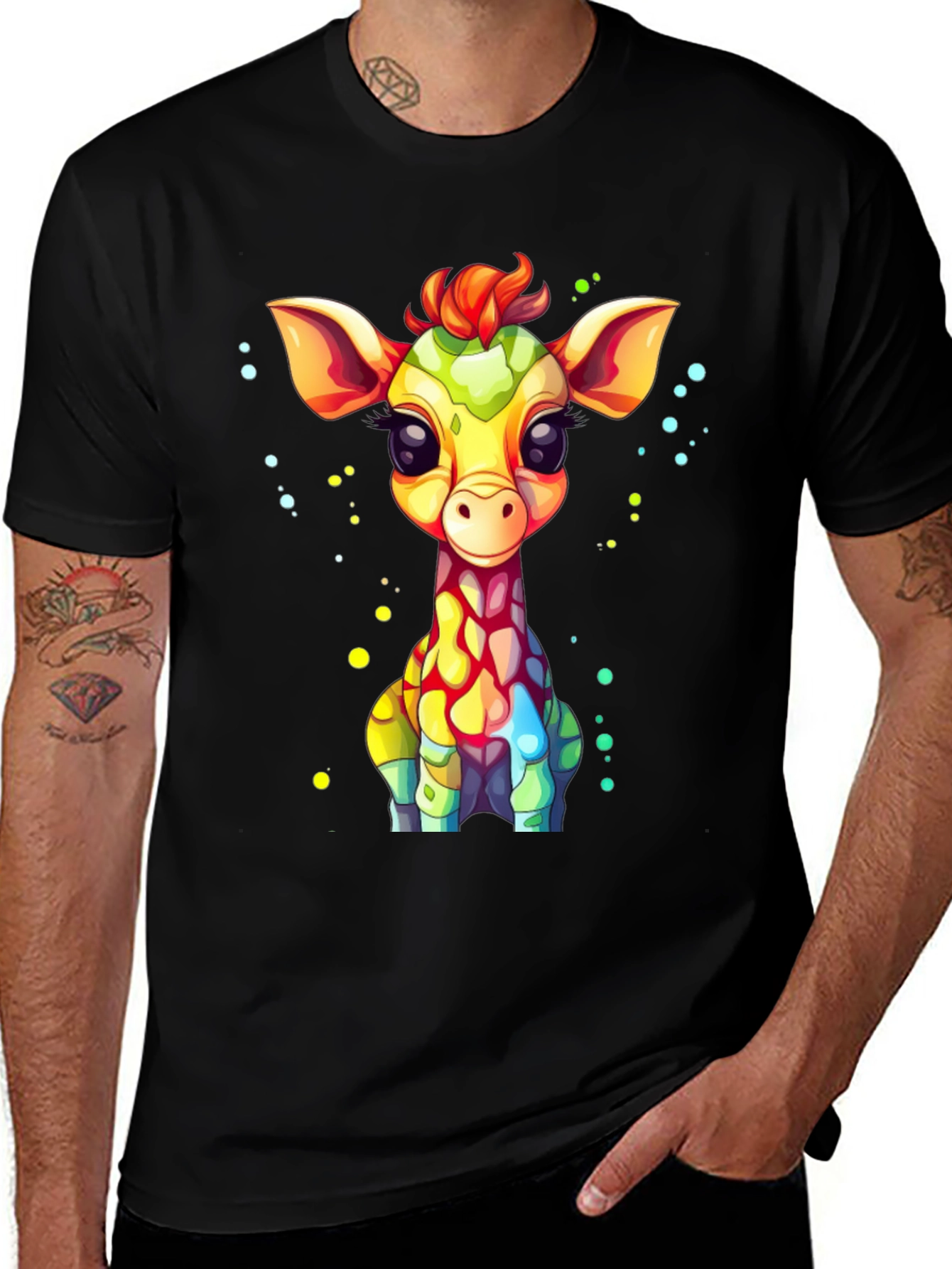 Cartoon Giraffe Graphic Tee - Unisex Black T-Shirt