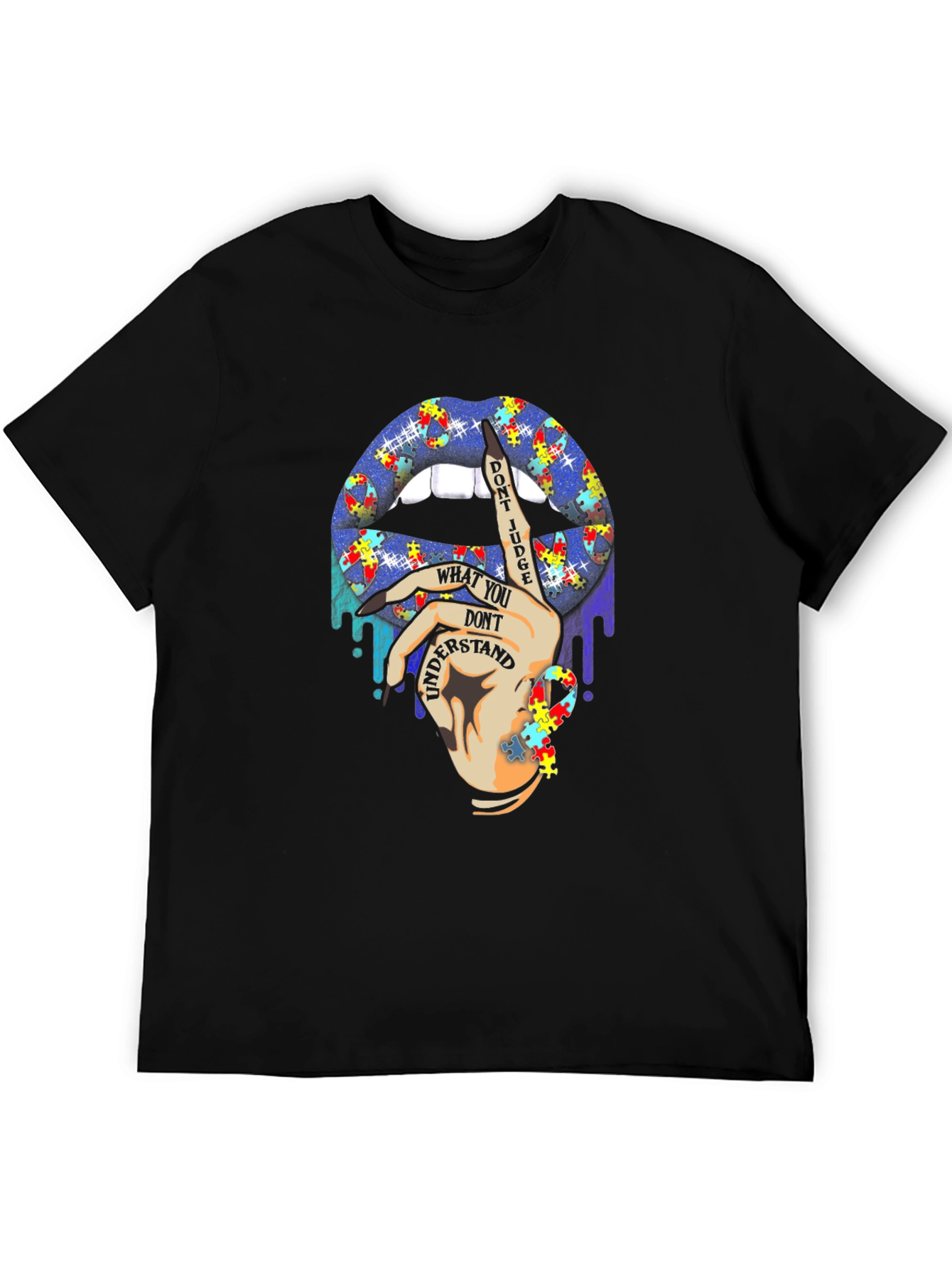 Autism Awareness Puzzle Lips Black T-Shirt