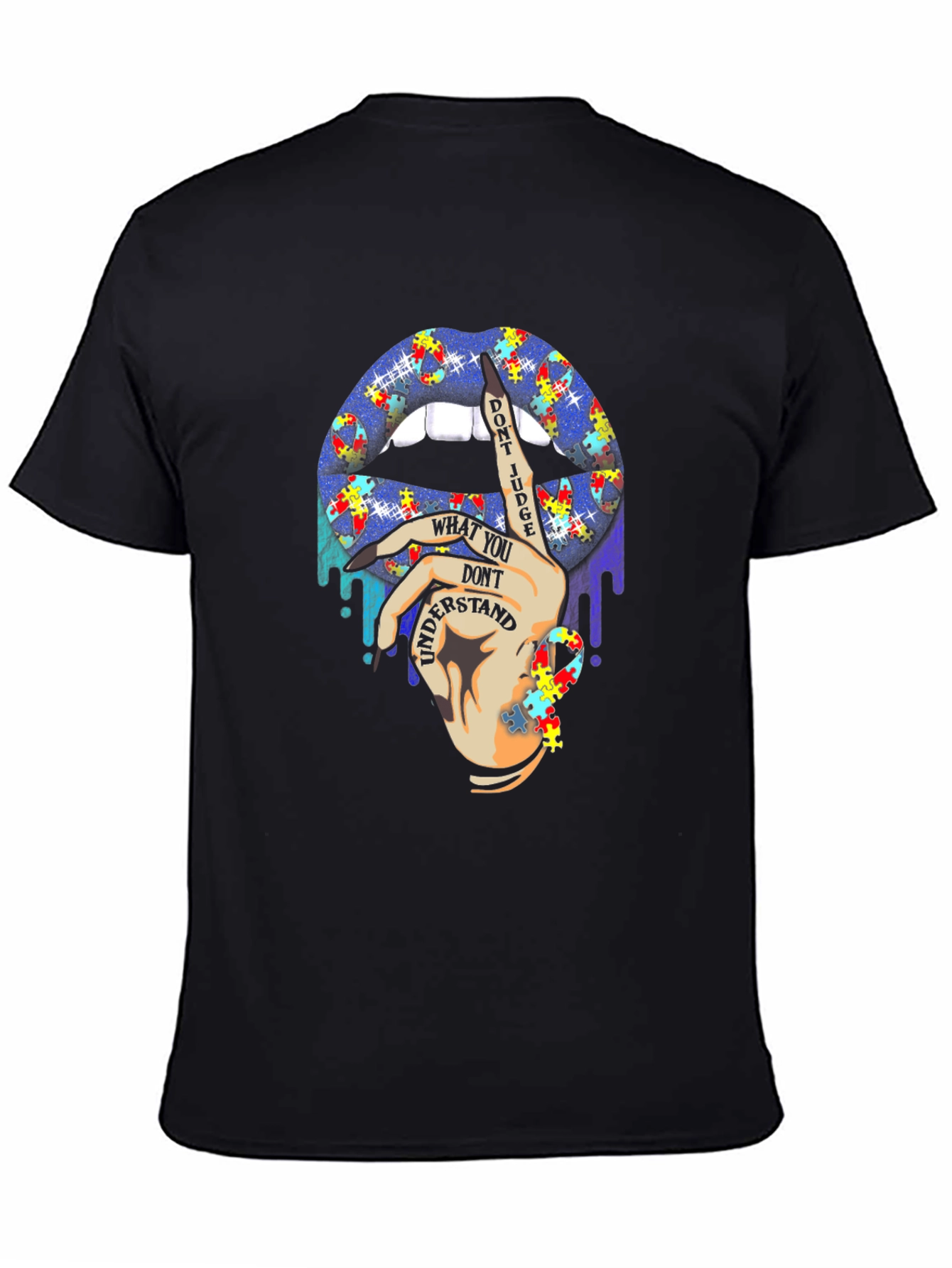 Autism Awareness Puzzle Lips Black T-Shirt