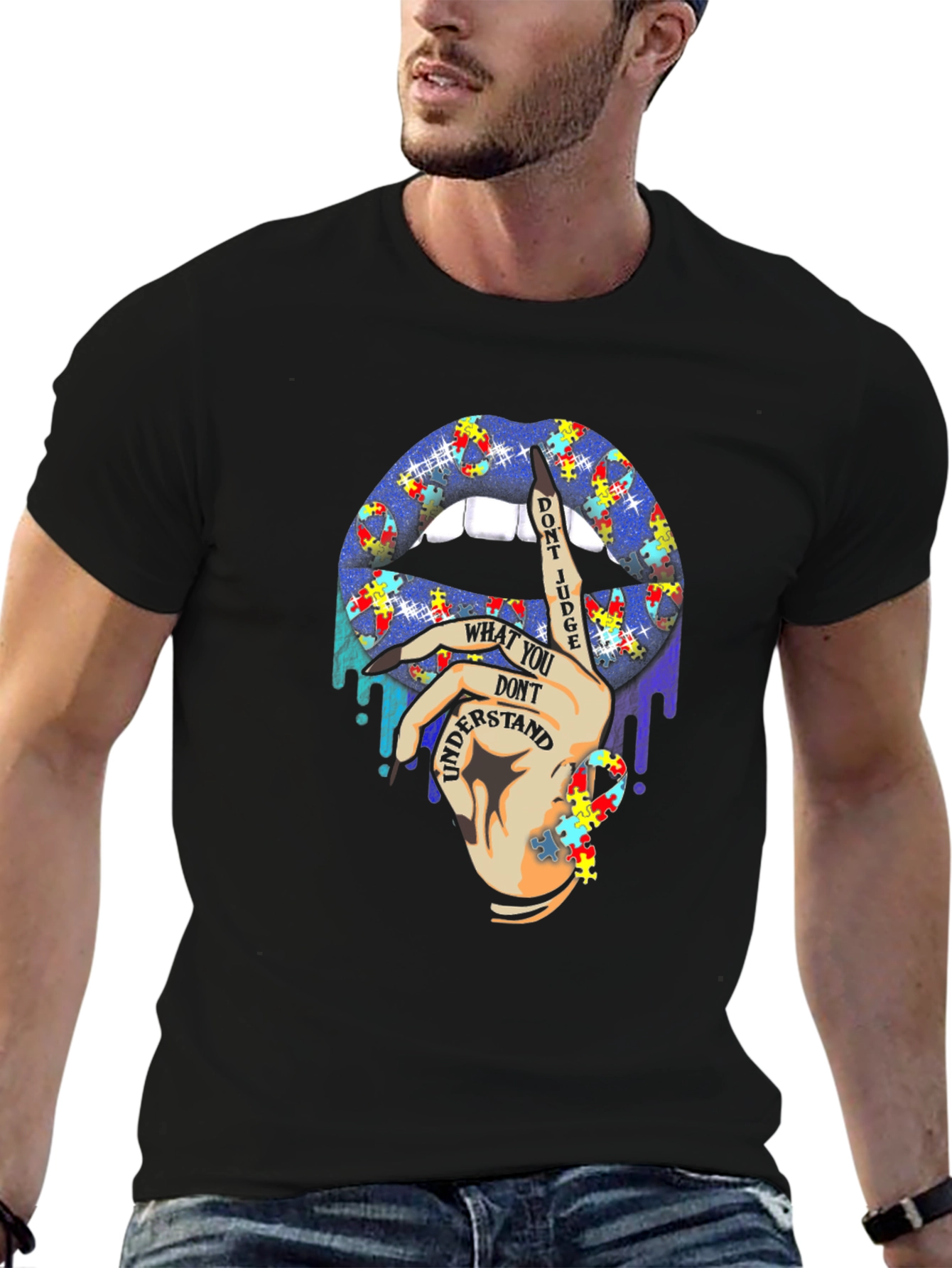 Autism Awareness Puzzle Lips Black T-Shirt