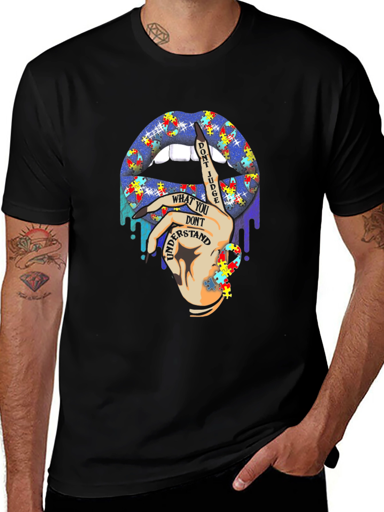 Autism Awareness Puzzle Lips Black T-Shirt