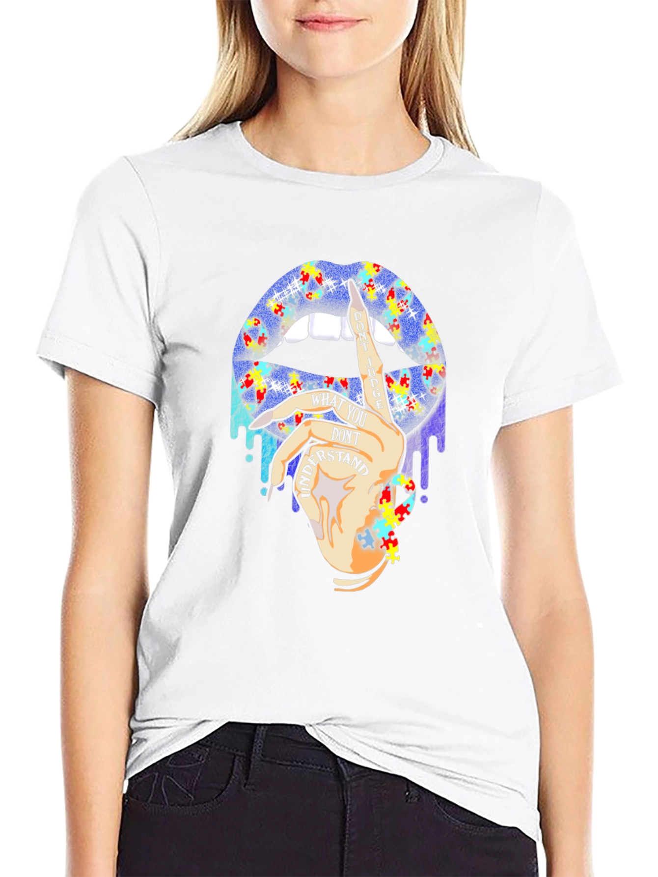 Autism Awareness Puzzle Lips Black T-Shirt
