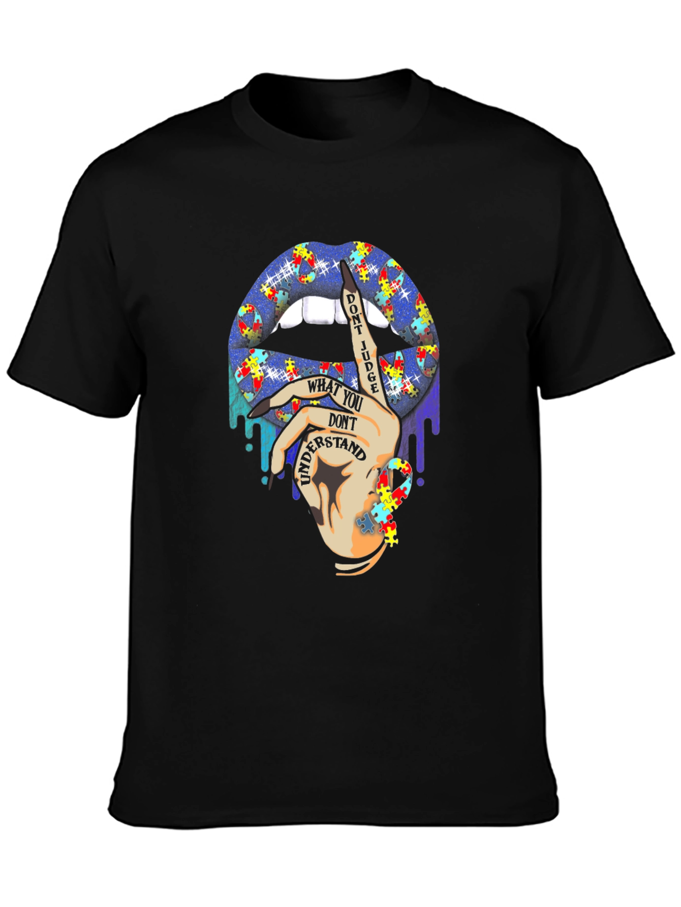 Autism Awareness Puzzle Lips Black T-Shirt