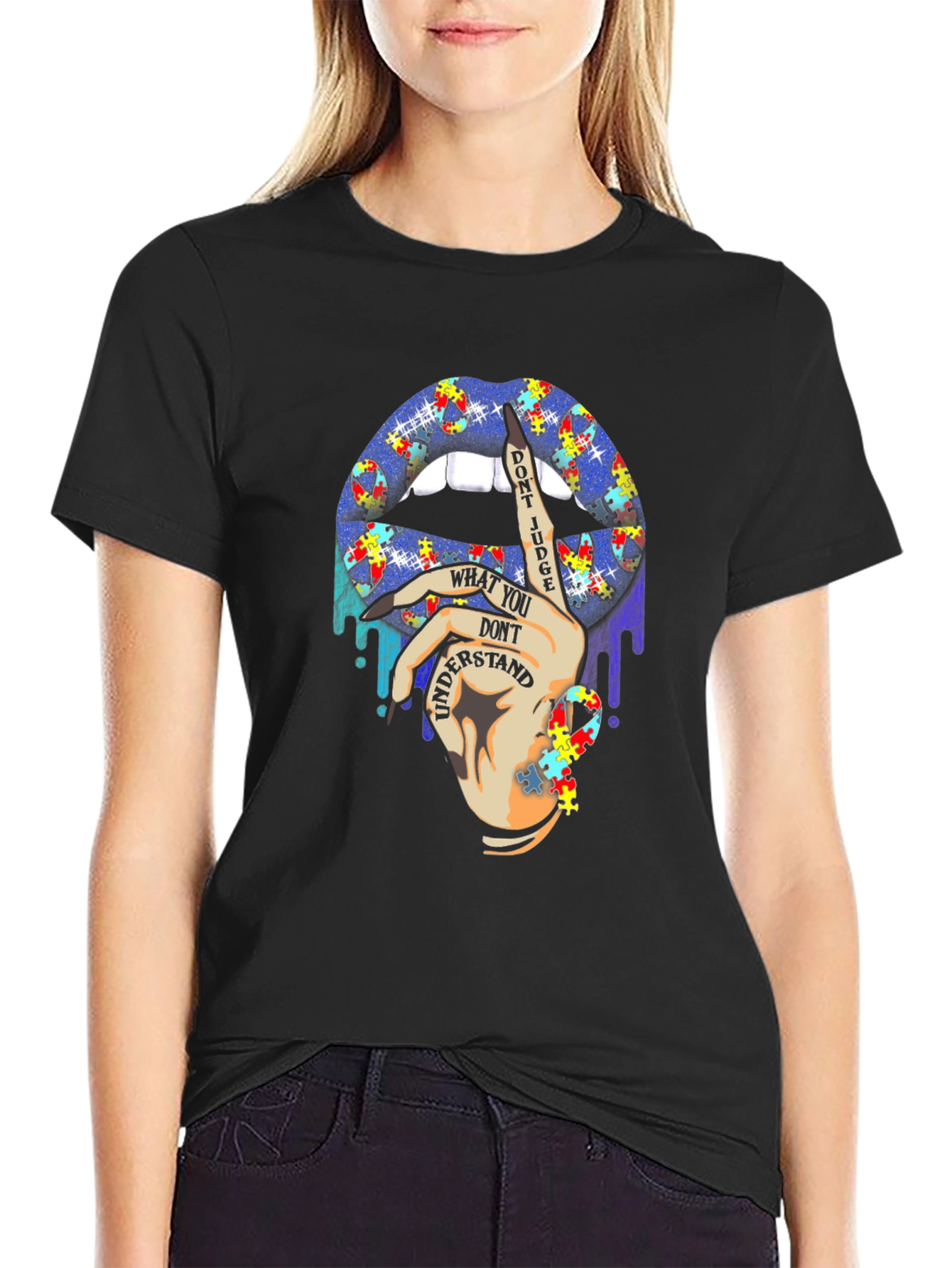 Autism Awareness Puzzle Lips Black T-Shirt