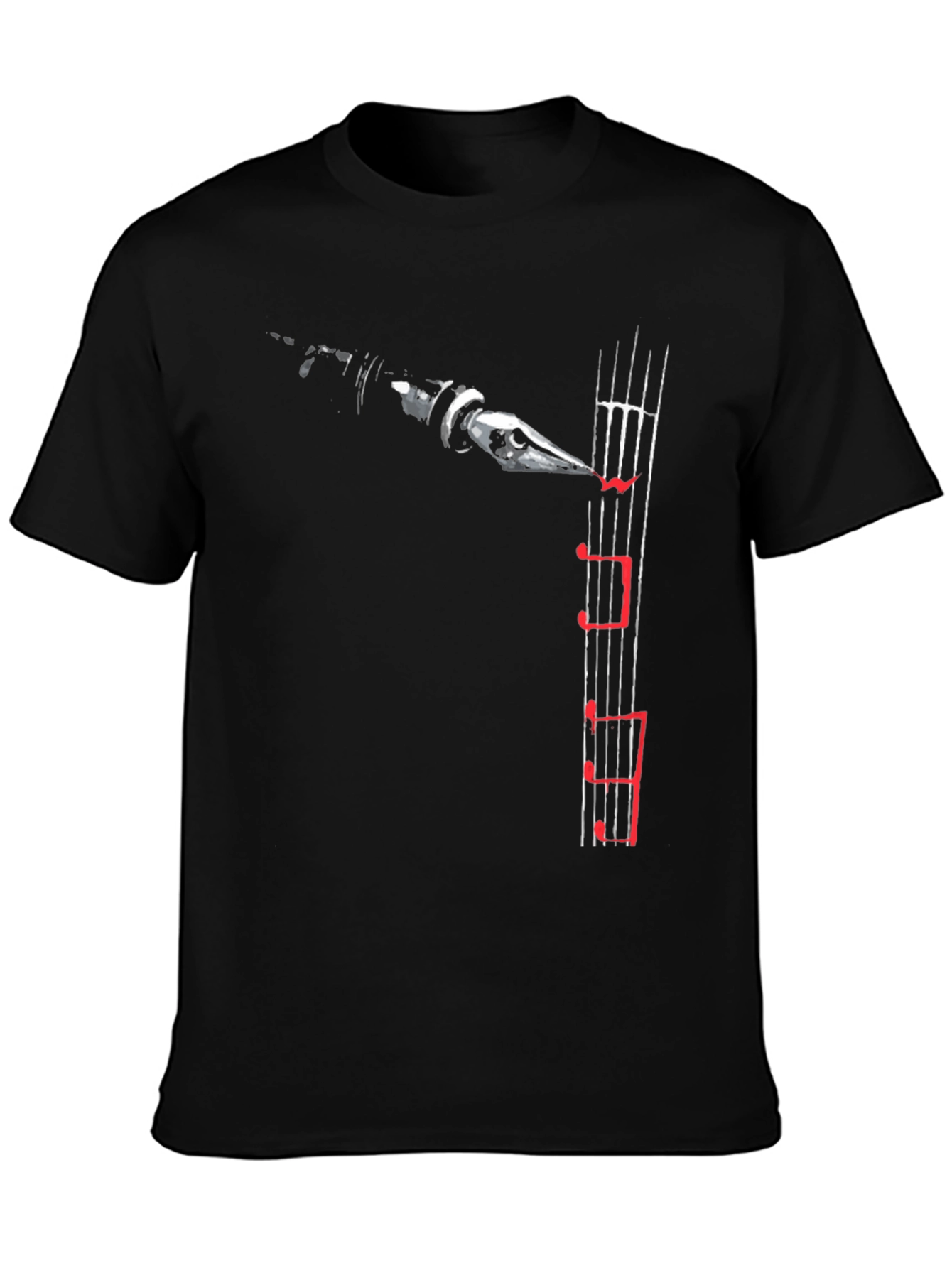 Music Notes Clarinet Graphic Tee - Black Cotton Blend