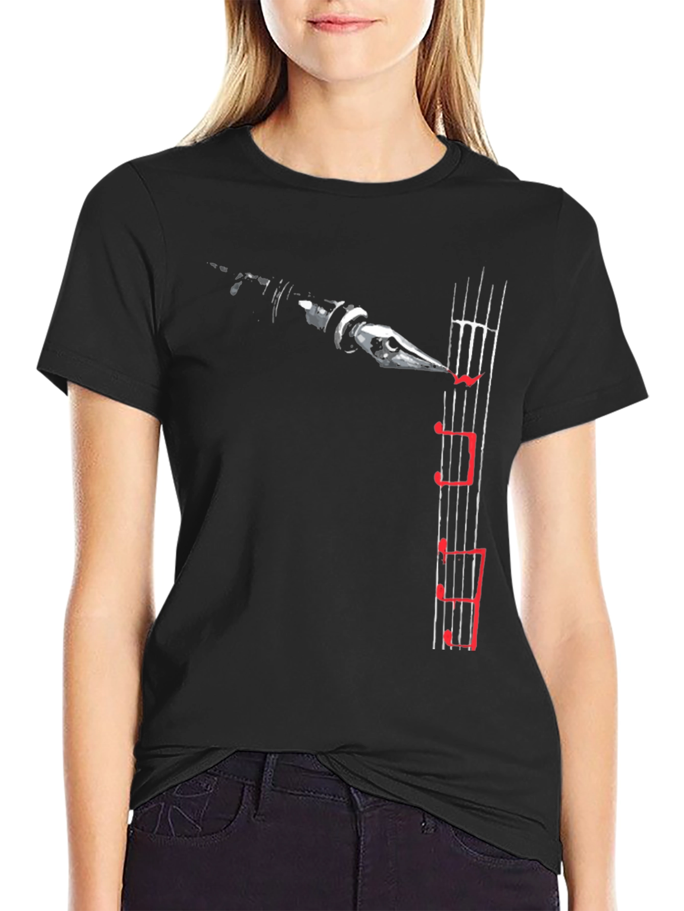 Music Notes Clarinet Graphic Tee - Black Cotton Blend