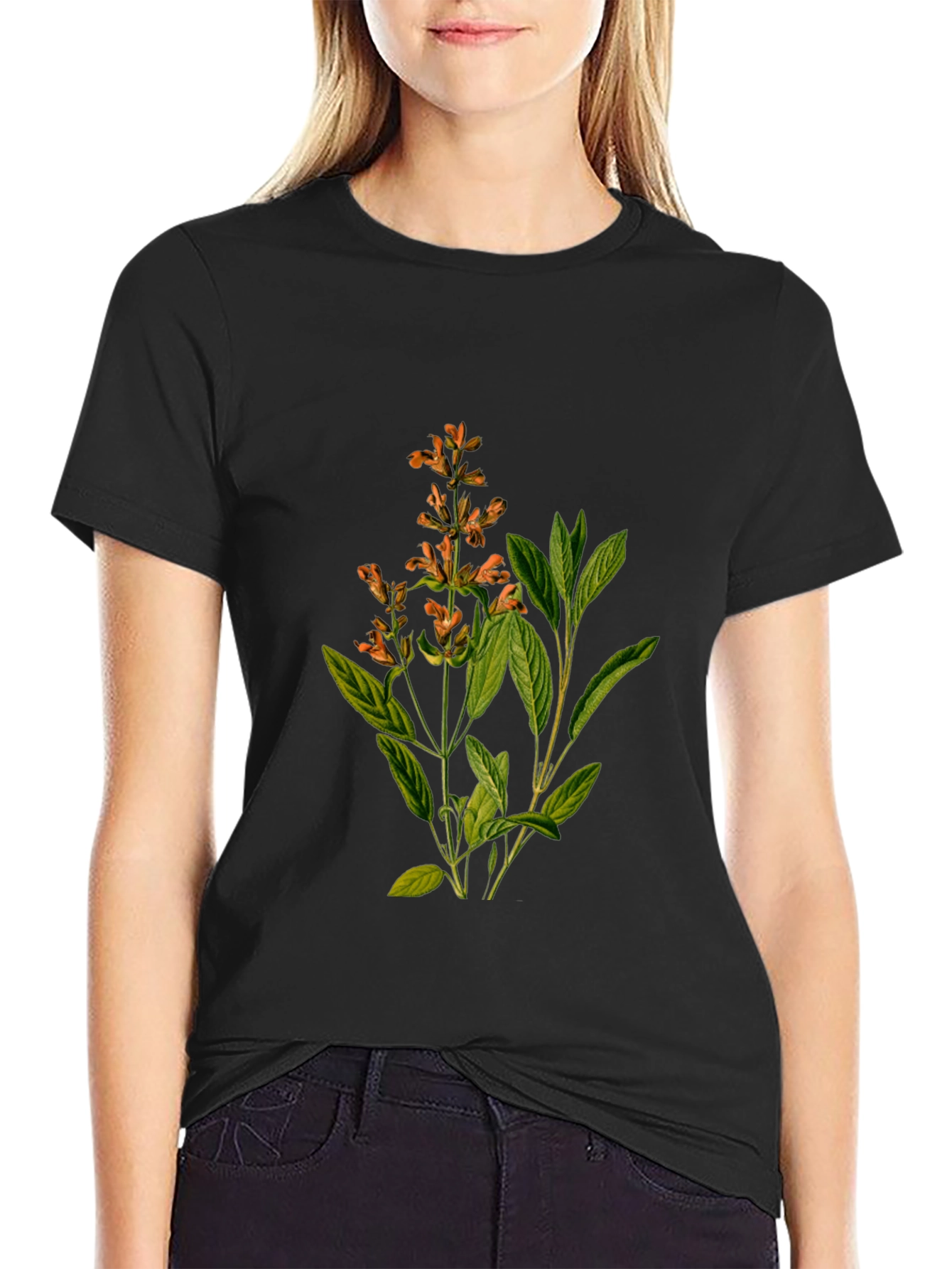 Botanical Sage Print Black T-Shirt