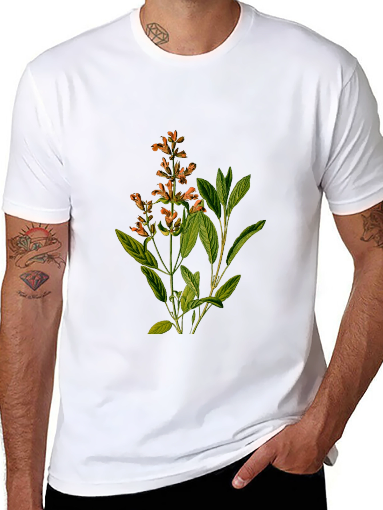 Botanical Sage Print Black T-Shirt