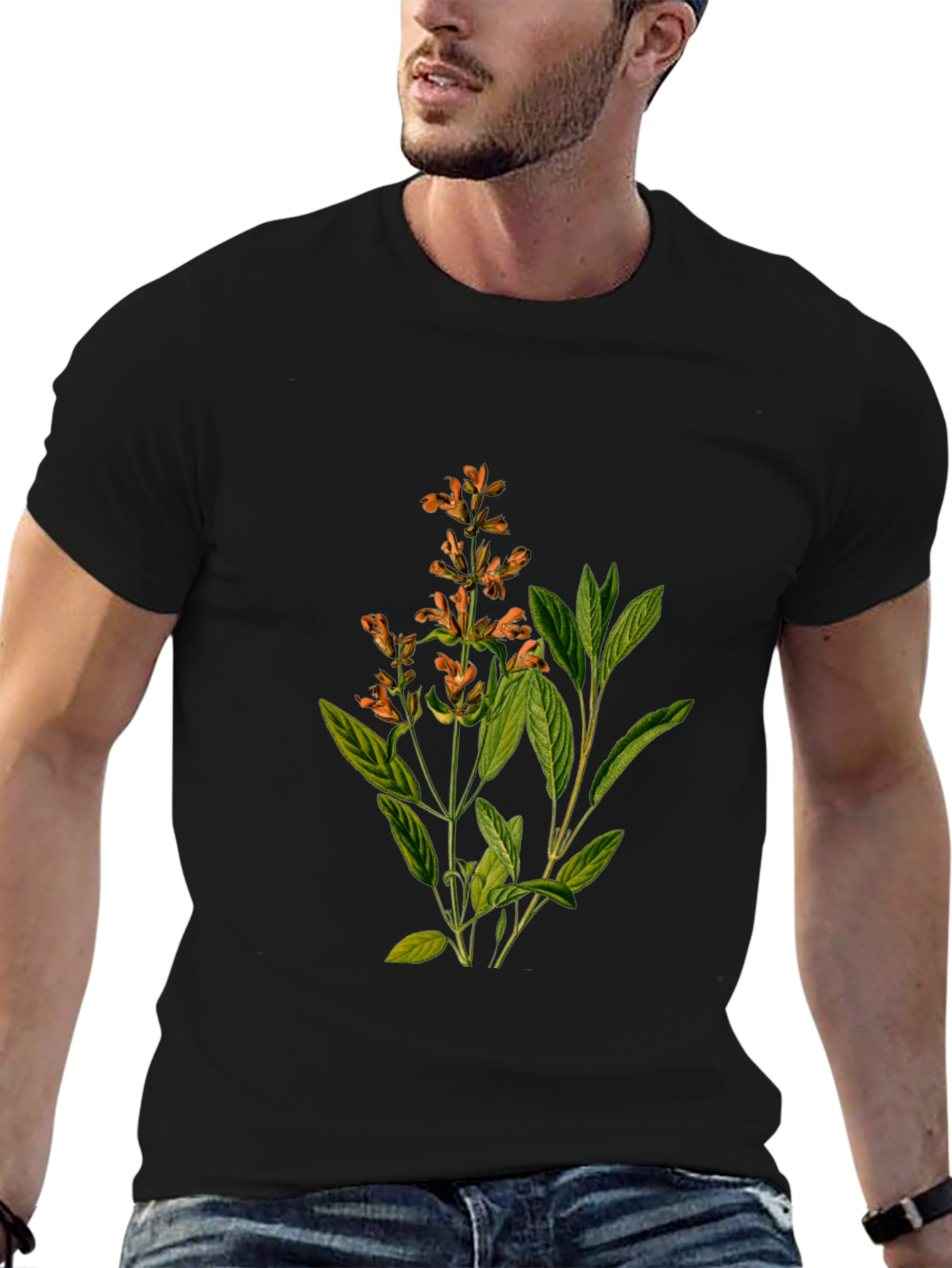 Botanical Sage Print Black T-Shirt