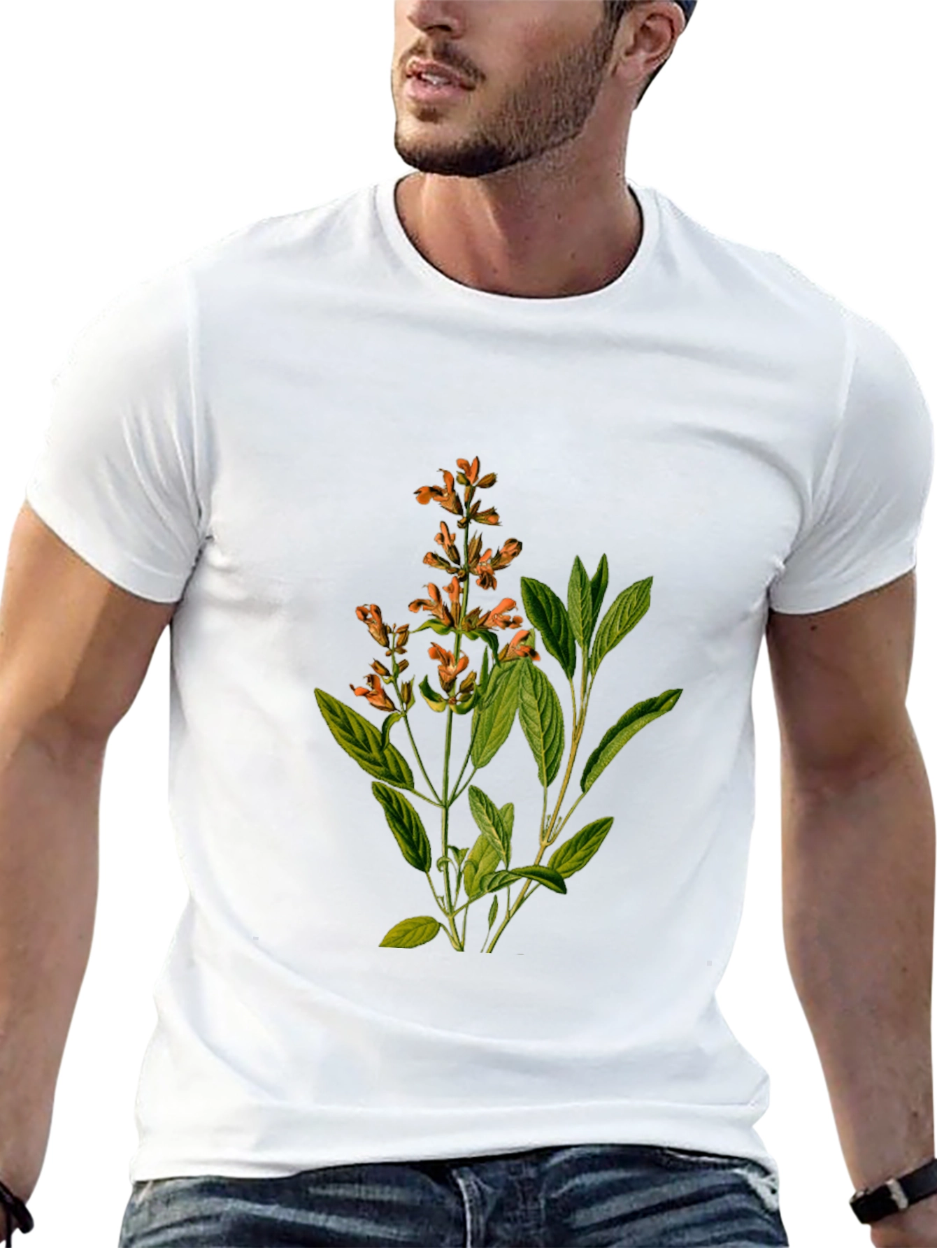 Botanical Sage Print Black T-Shirt