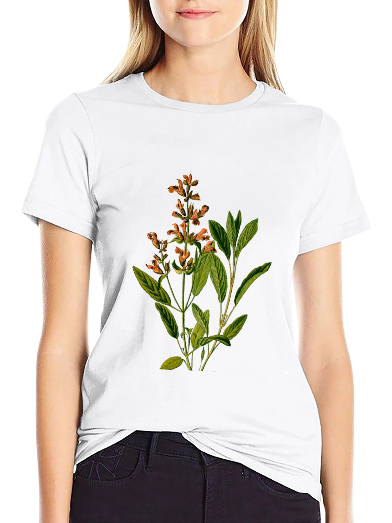 Botanical Sage Print Black T-Shirt