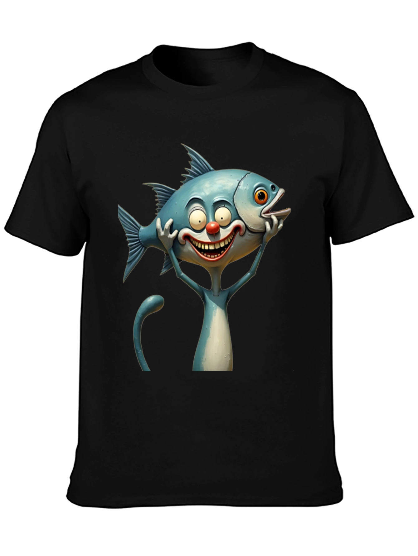 Cartoon Fish Cat Black T-Shirt