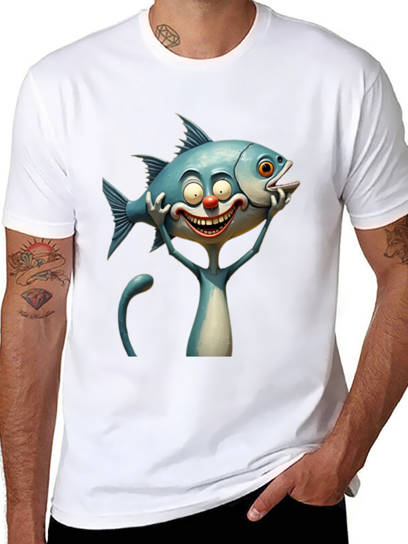 Cartoon Fish Cat Black T-Shirt