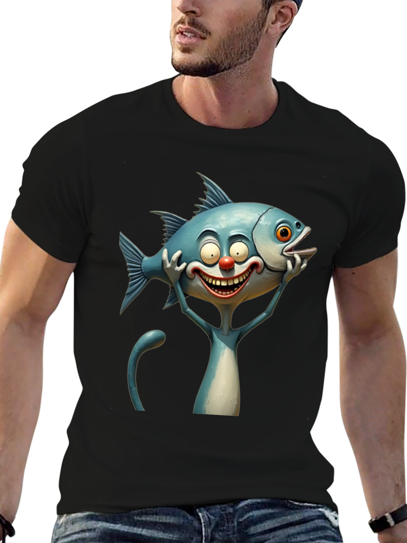 Cartoon Fish Cat Black T-Shirt