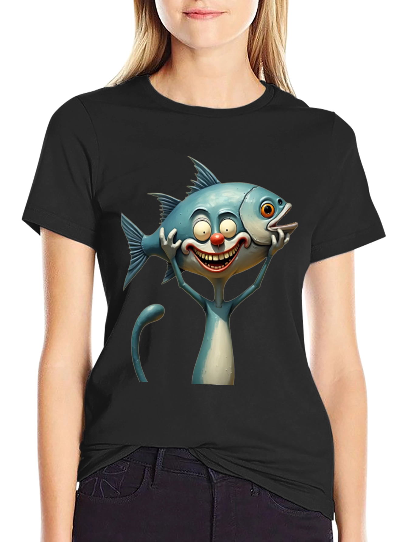 Cartoon Fish Cat Black T-Shirt