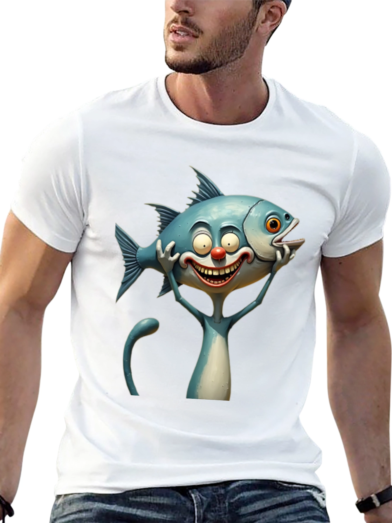 Cartoon Fish Cat Black T-Shirt