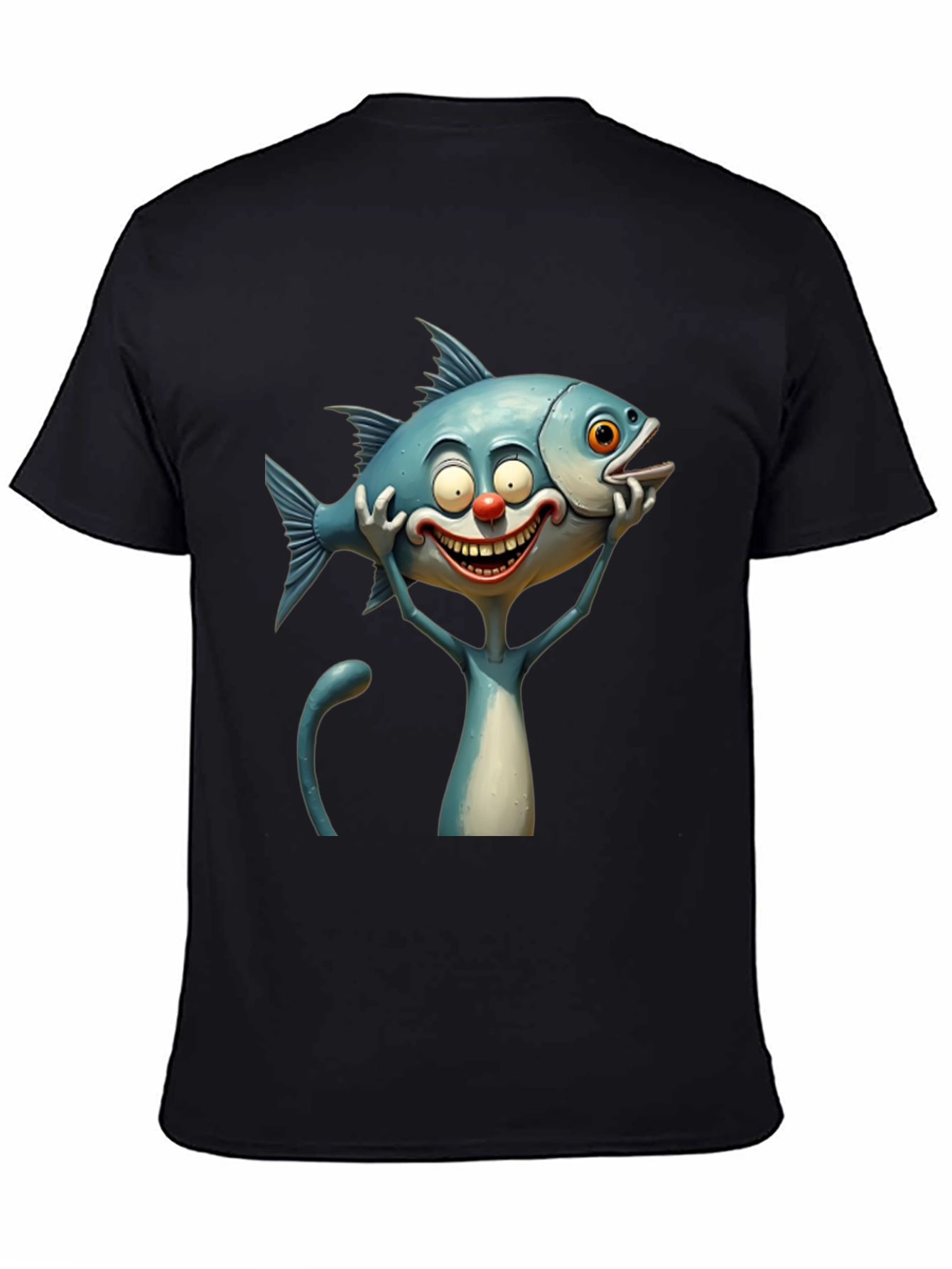 Cartoon Fish Cat Black T-Shirt