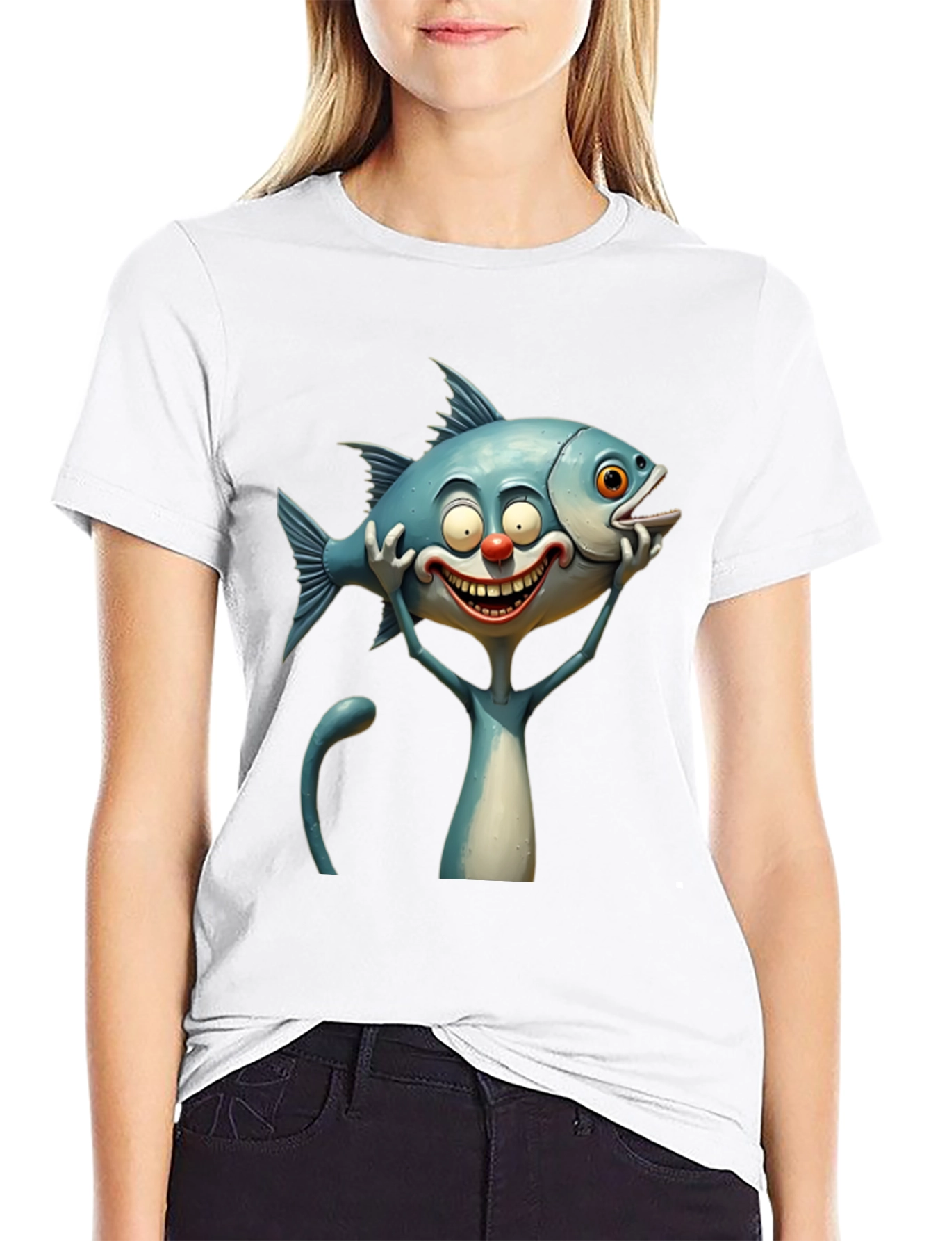 Cartoon Fish Cat Black T-Shirt