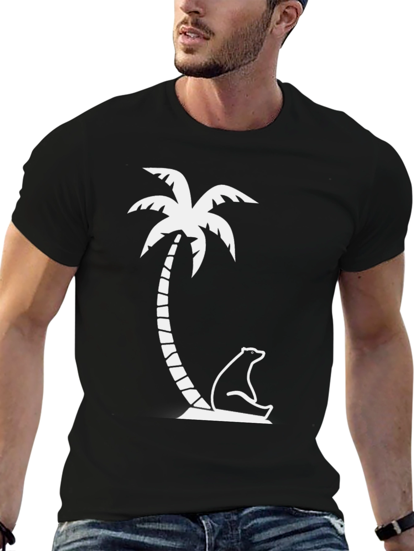 Black T-Shirt - Palm Tree Bear Graphic
