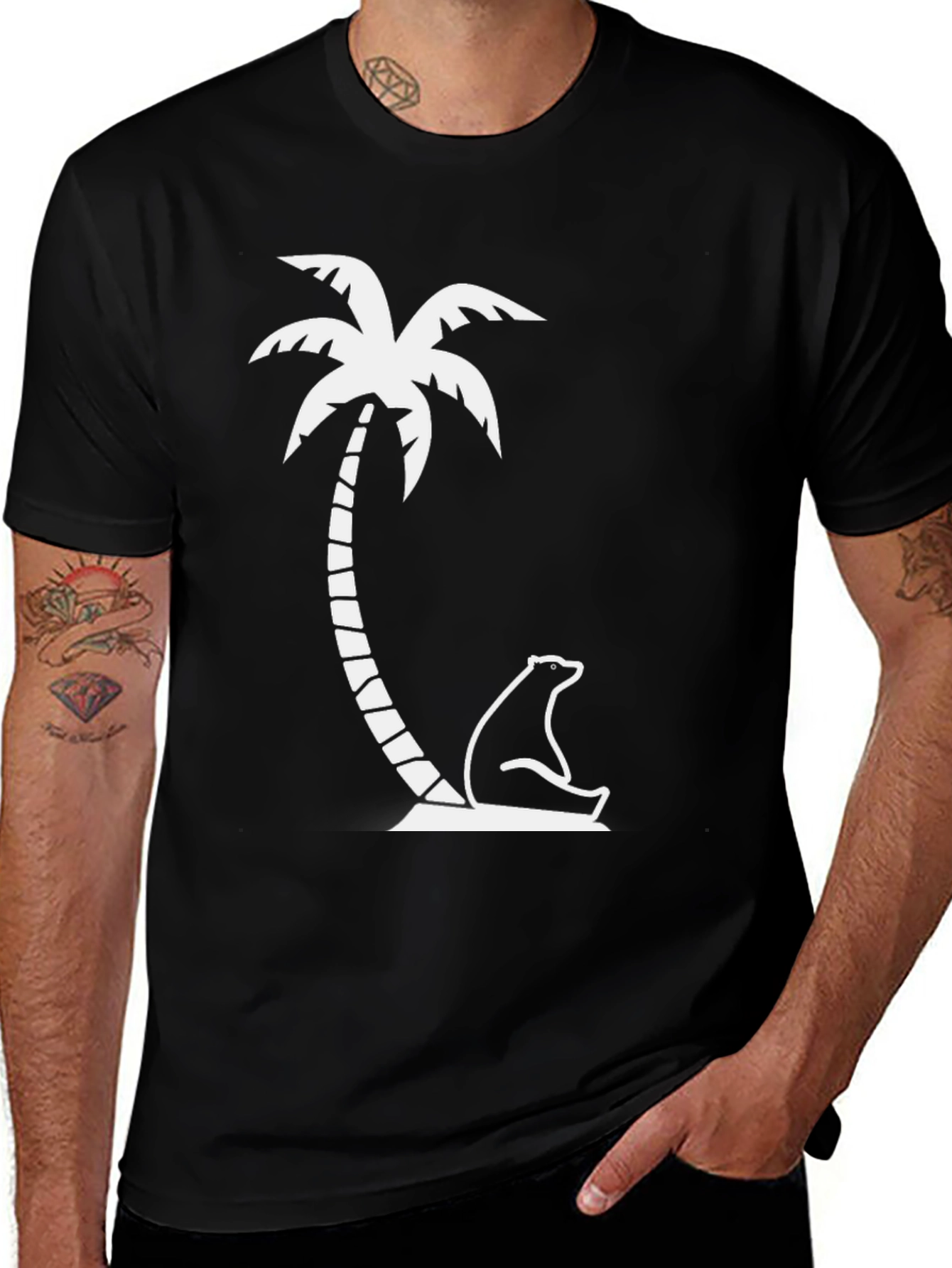 Black T-Shirt - Palm Tree Bear Graphic