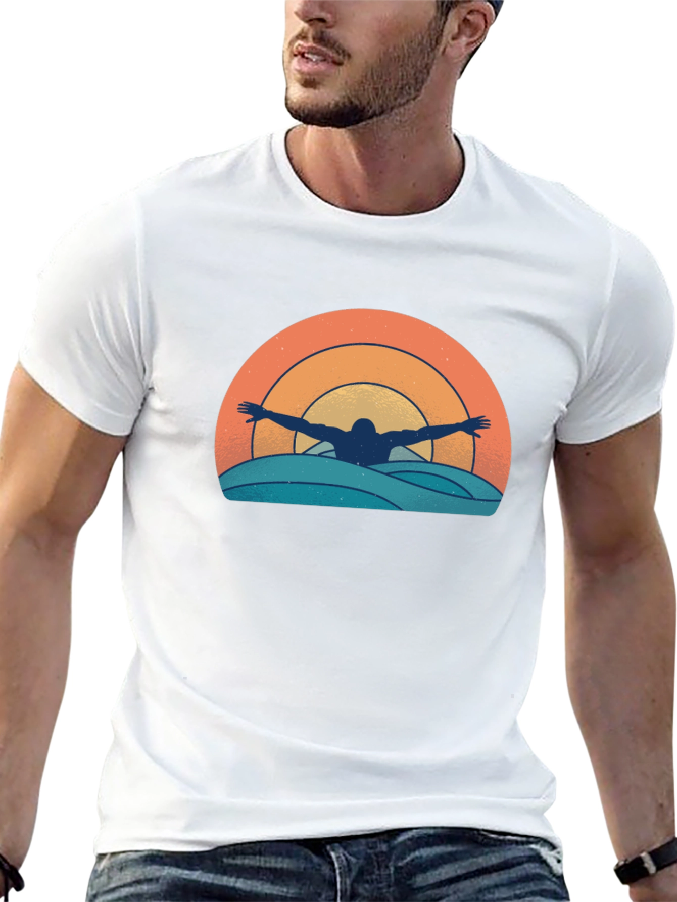 Retro Swimmer T-Shirt - Sunset Waves Graphic Tee