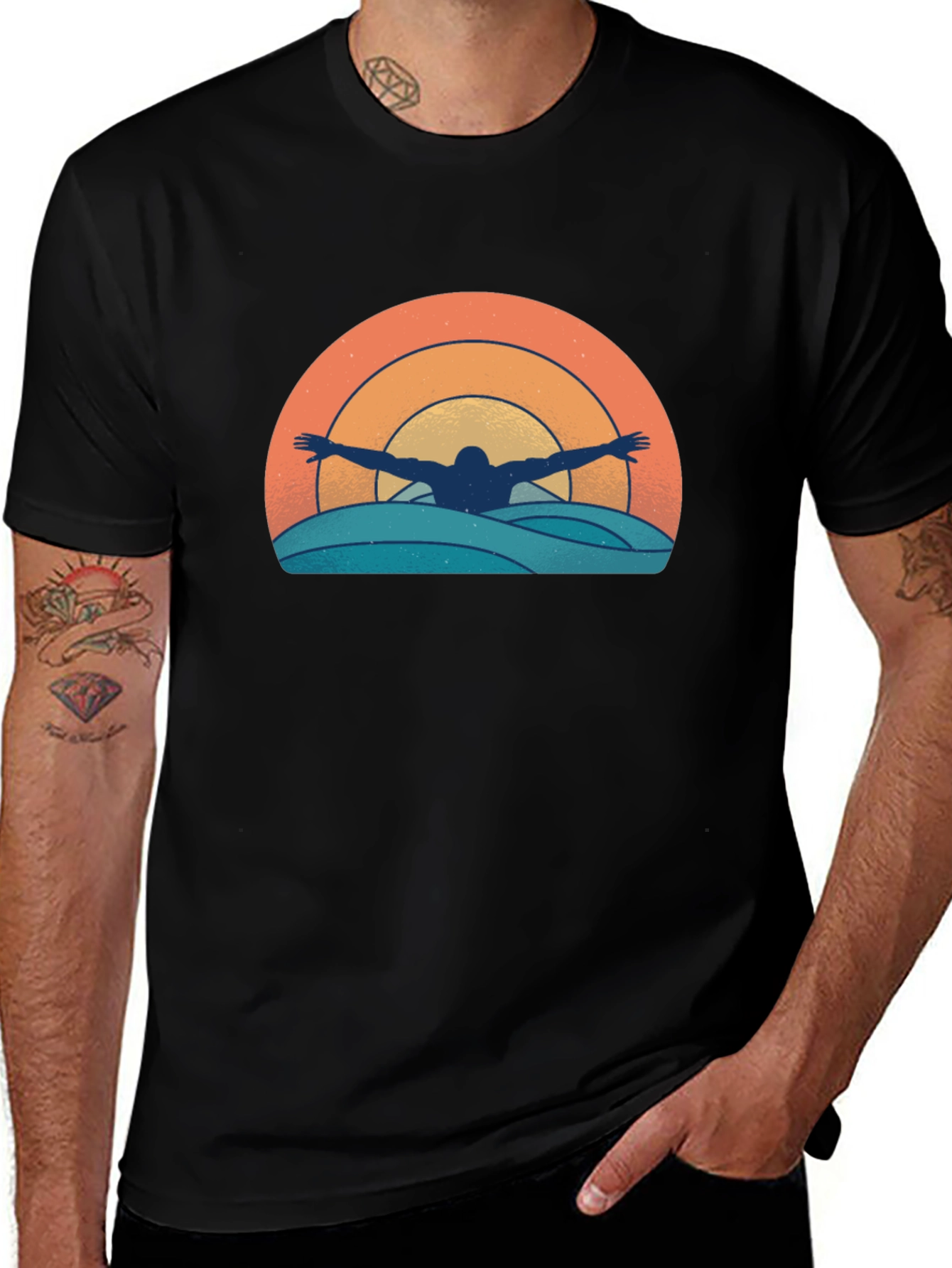Retro Swimmer T-Shirt - Sunset Waves Graphic Tee