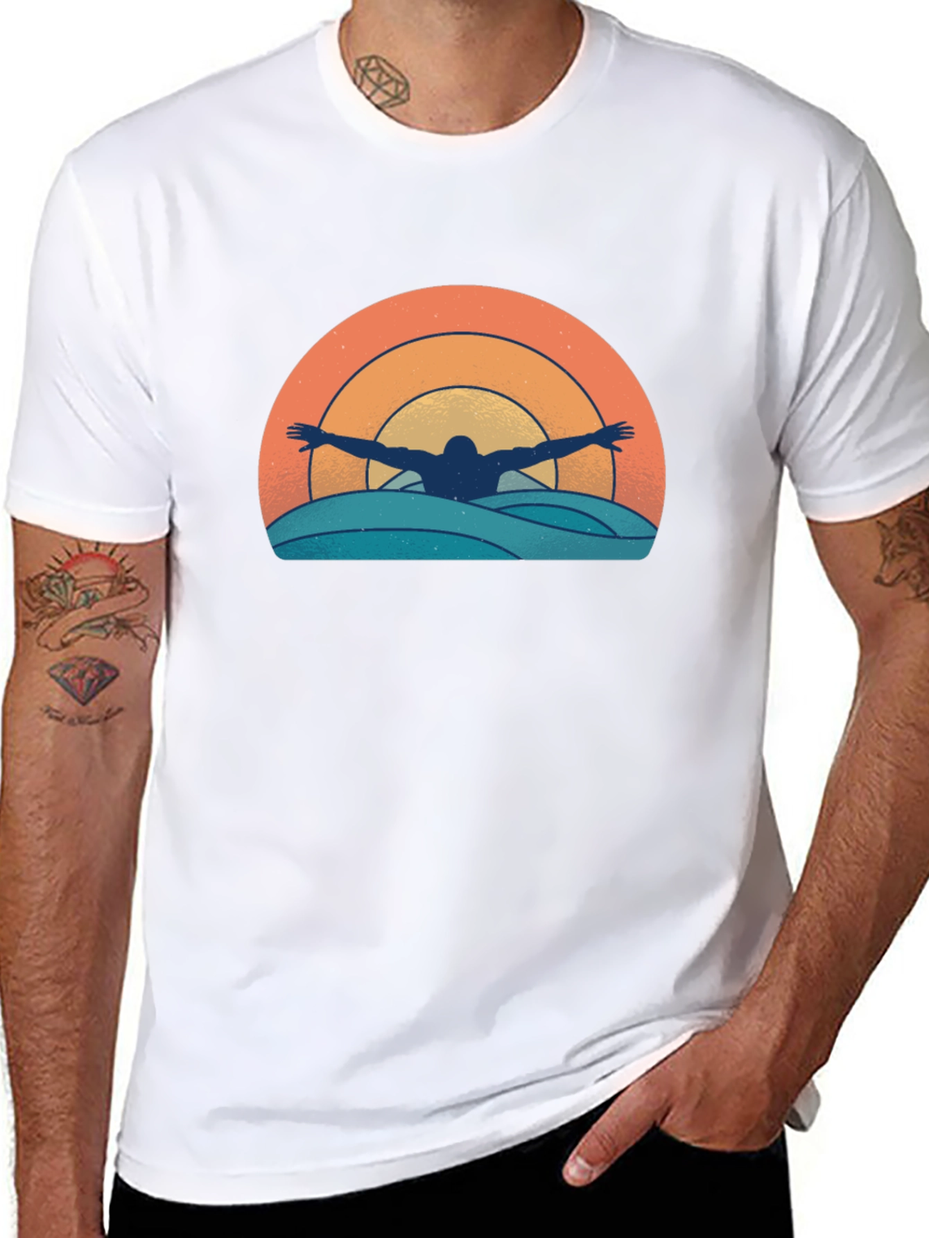 Retro Swimmer T-Shirt - Sunset Waves Graphic Tee