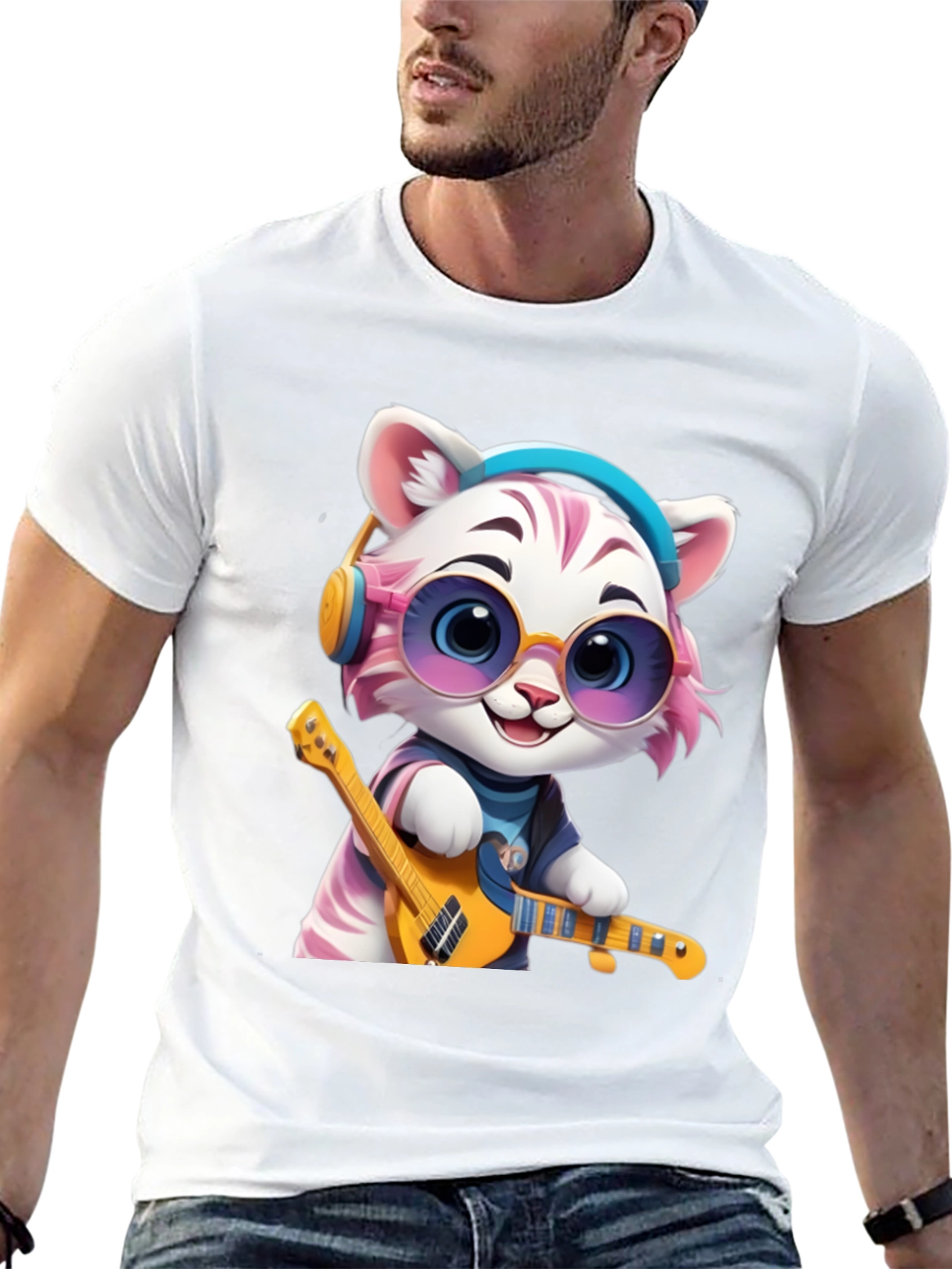Cool Cat Guitarist Graphic T-Shirt