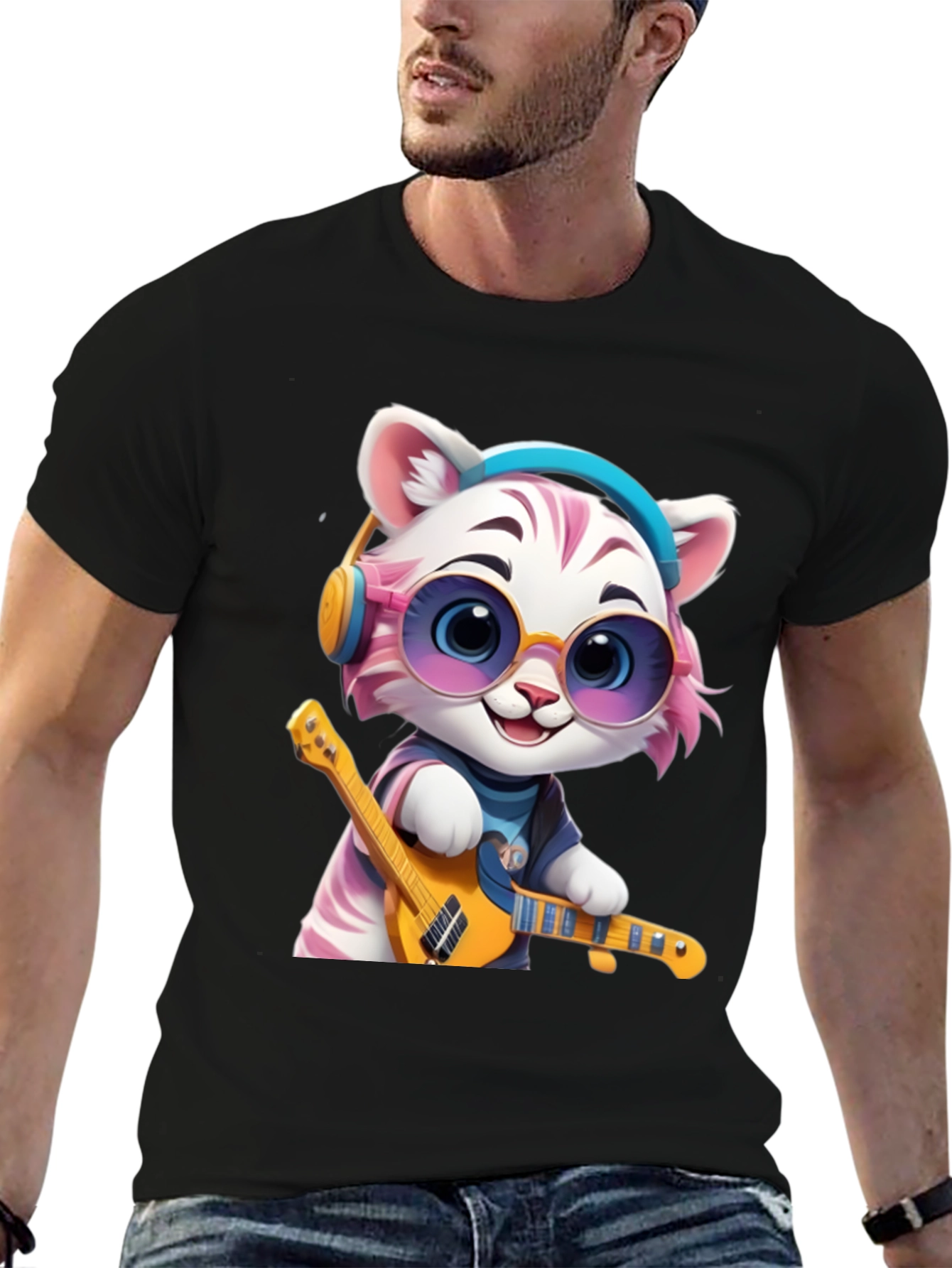 Cool Cat Guitarist Graphic T-Shirt