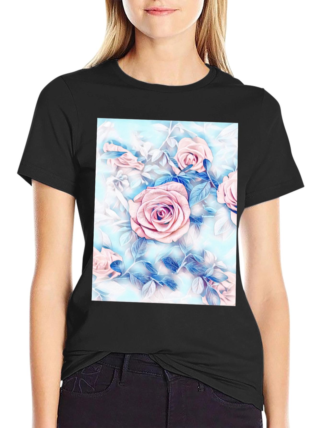 Floral Rose Print T-Shirt - Artistic Style