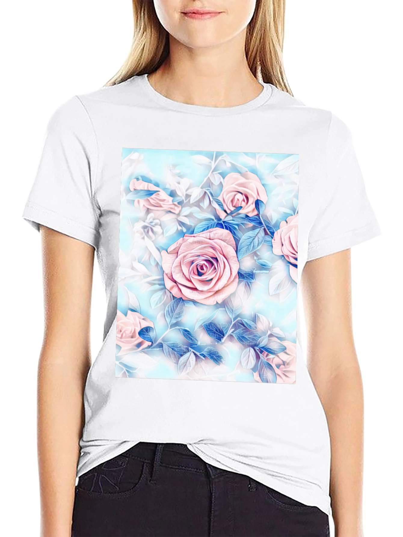 Floral Rose Print T-Shirt - Artistic Style