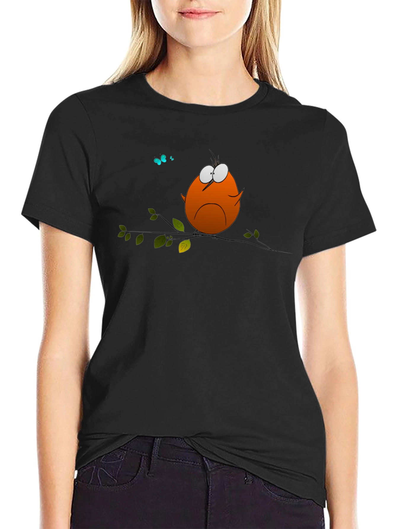 Cartoon Bird on Branch Graphic T-Shirt