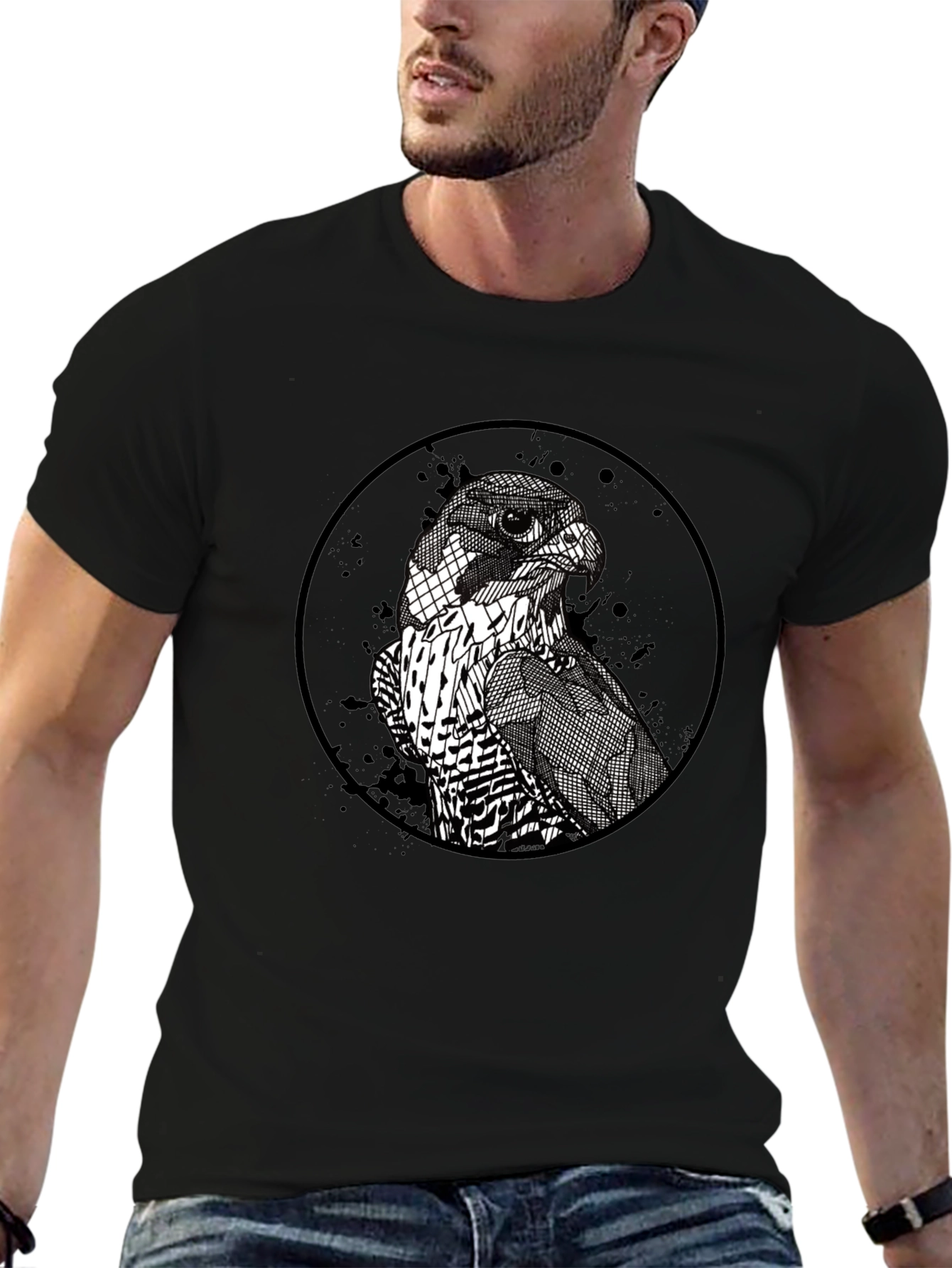 Mens Black Falcon Graphic Print Crew Neck T-Shirt