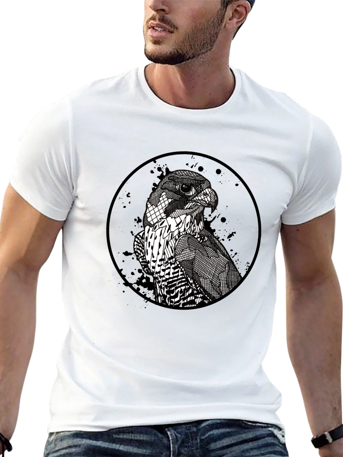 Mens Black Falcon Graphic Print Crew Neck T-Shirt
