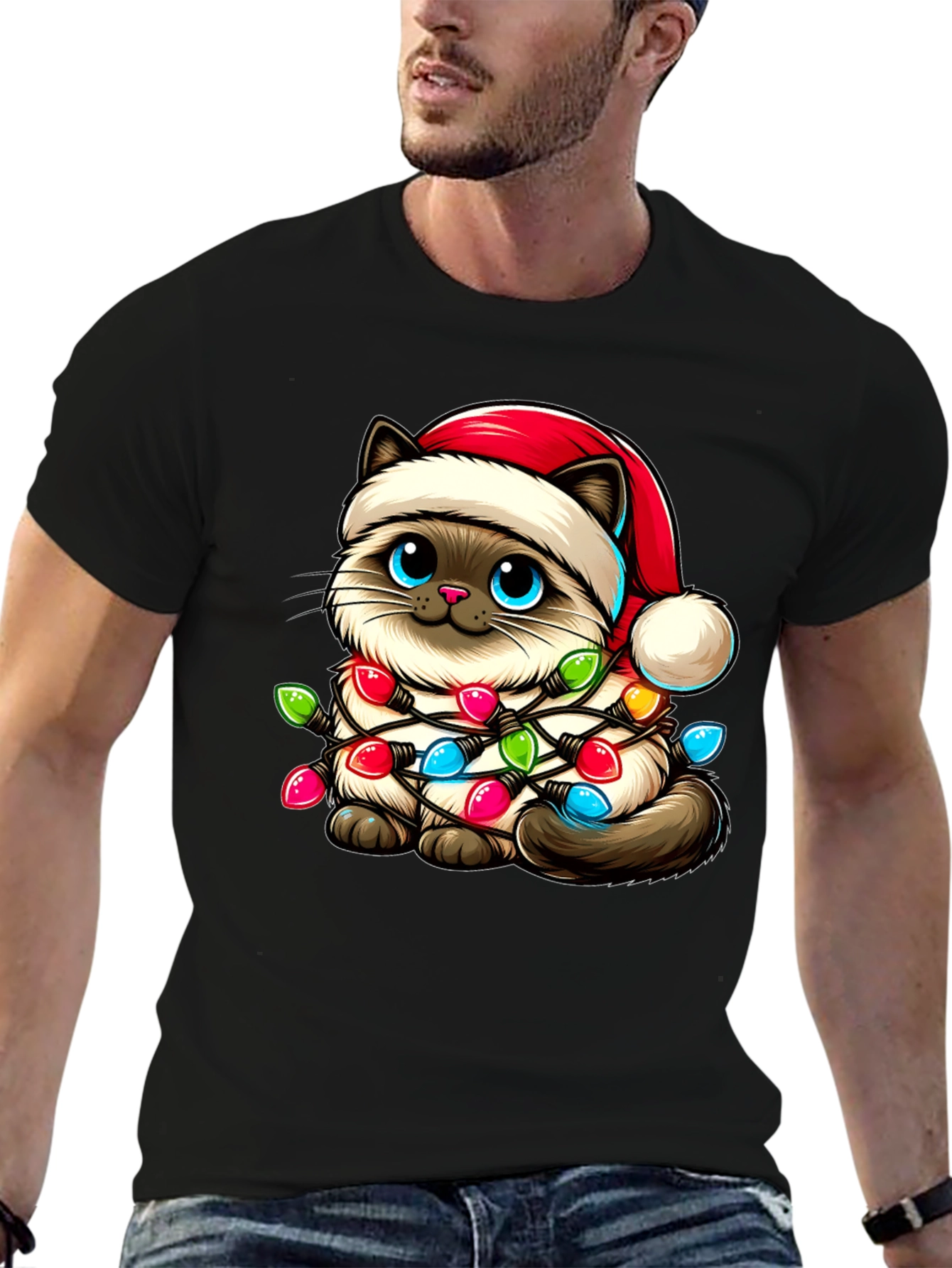 Festive Cat T-Shirt - Christmas Lights & Santa Hat