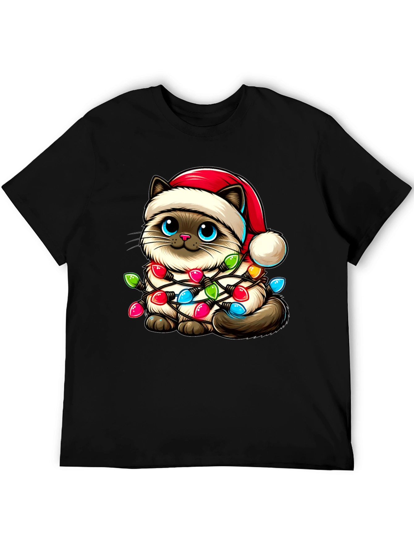 Festive Cat T-Shirt - Christmas Lights & Santa Hat