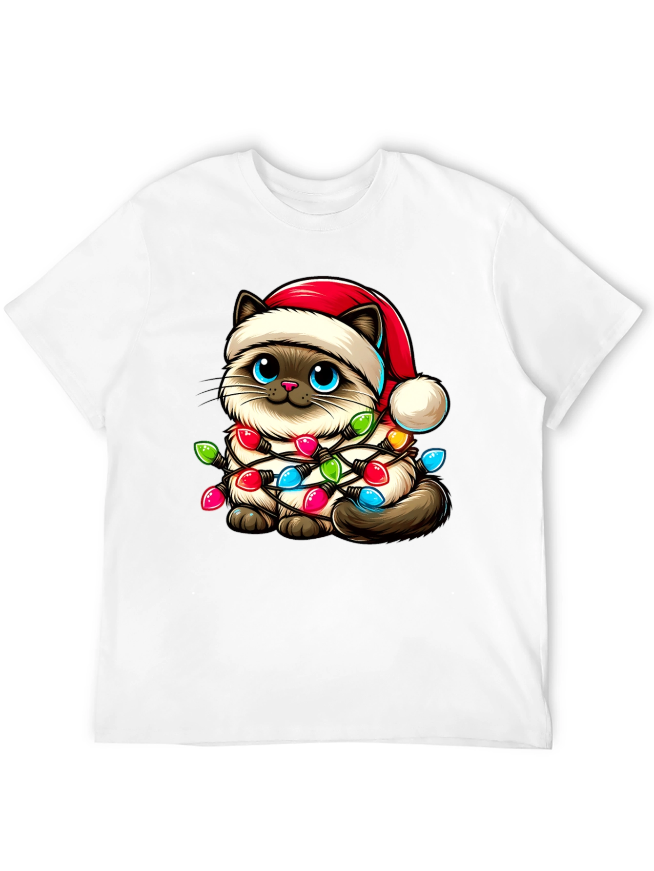 Festive Cat T-Shirt - Christmas Lights & Santa Hat