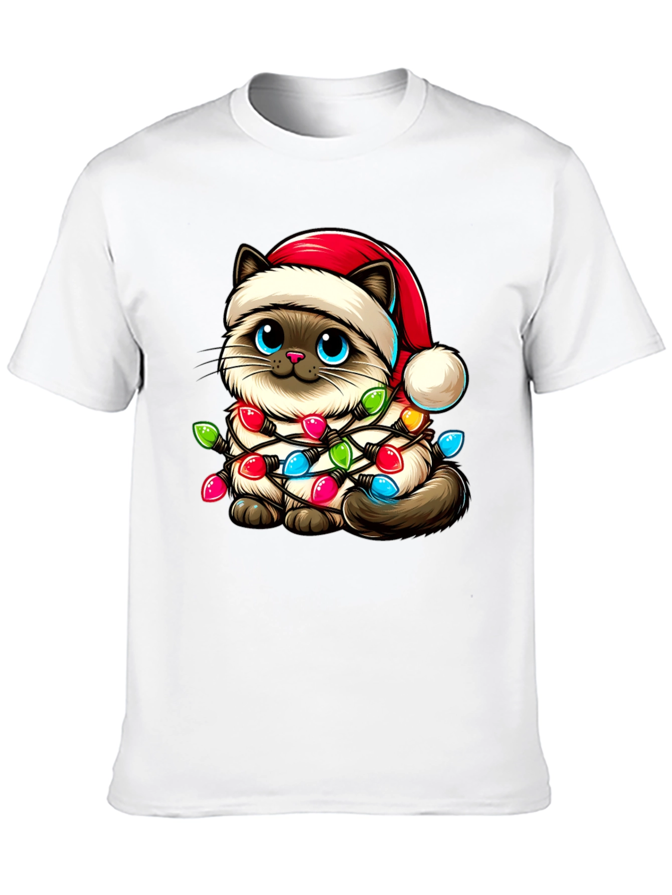 Festive Cat T-Shirt - Christmas Lights & Santa Hat