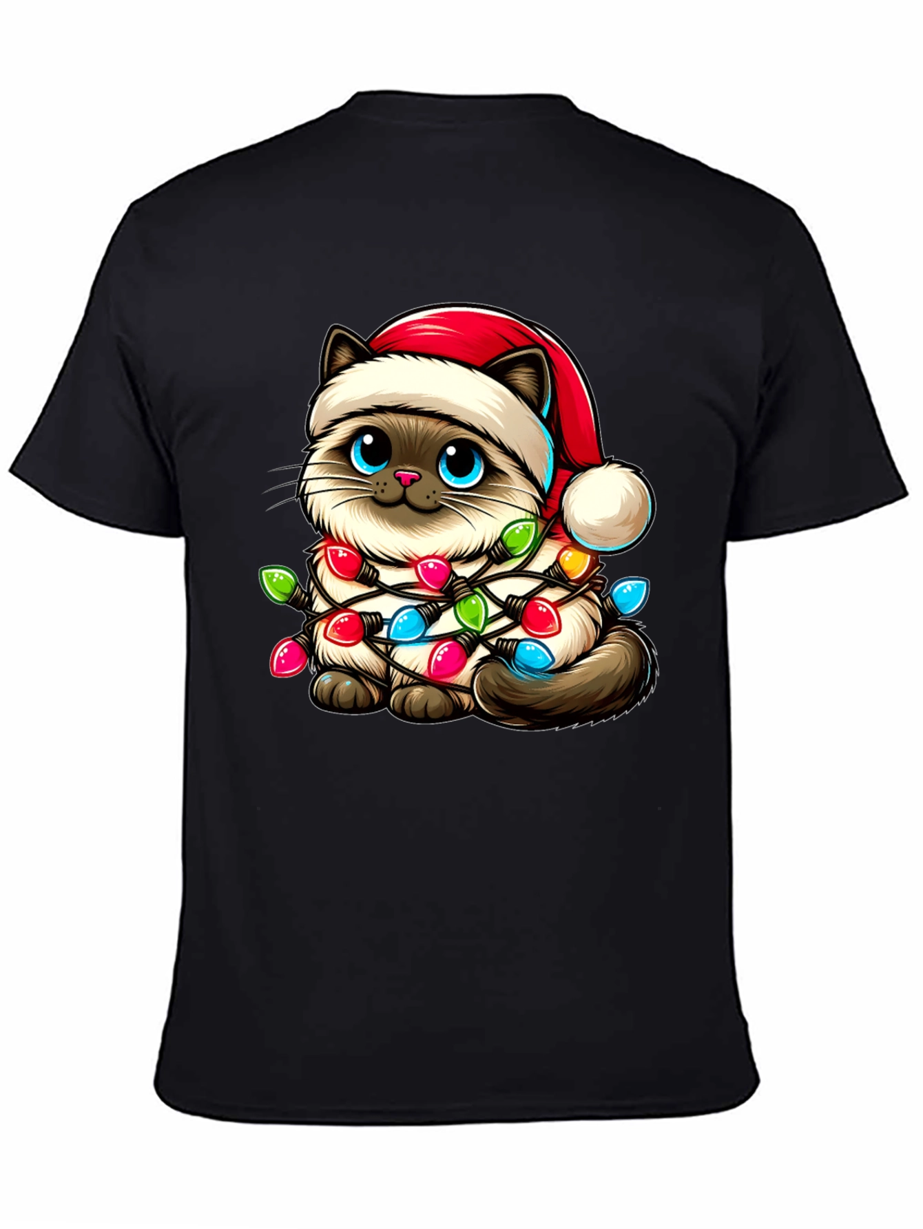 Festive Cat T-Shirt - Christmas Lights & Santa Hat