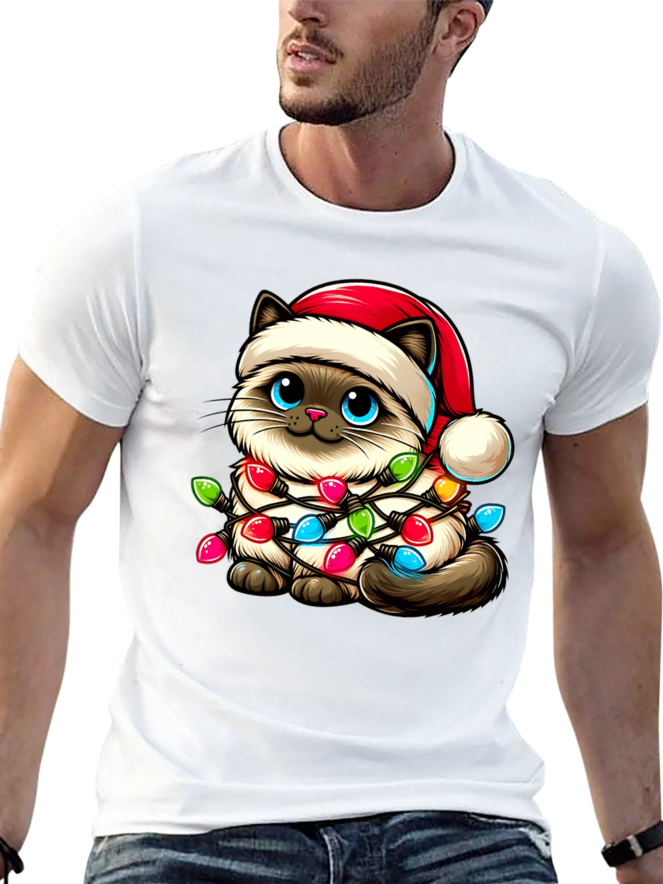 Festive Cat T-Shirt - Christmas Lights & Santa Hat