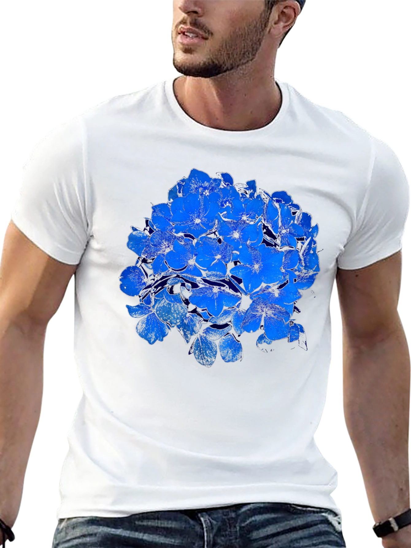 Blue Flower Graphic Black T-Shirt