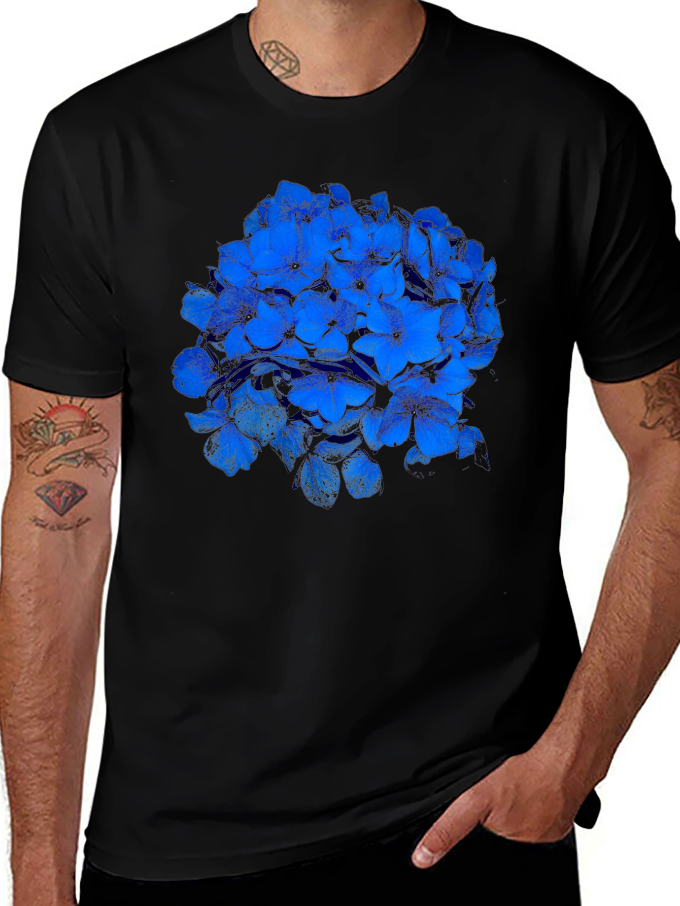 Blue Flower Graphic Black T-Shirt