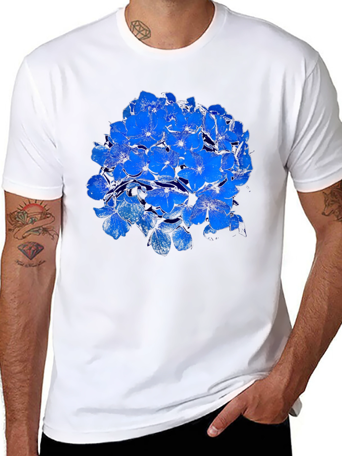 Blue Flower Graphic Black T-Shirt