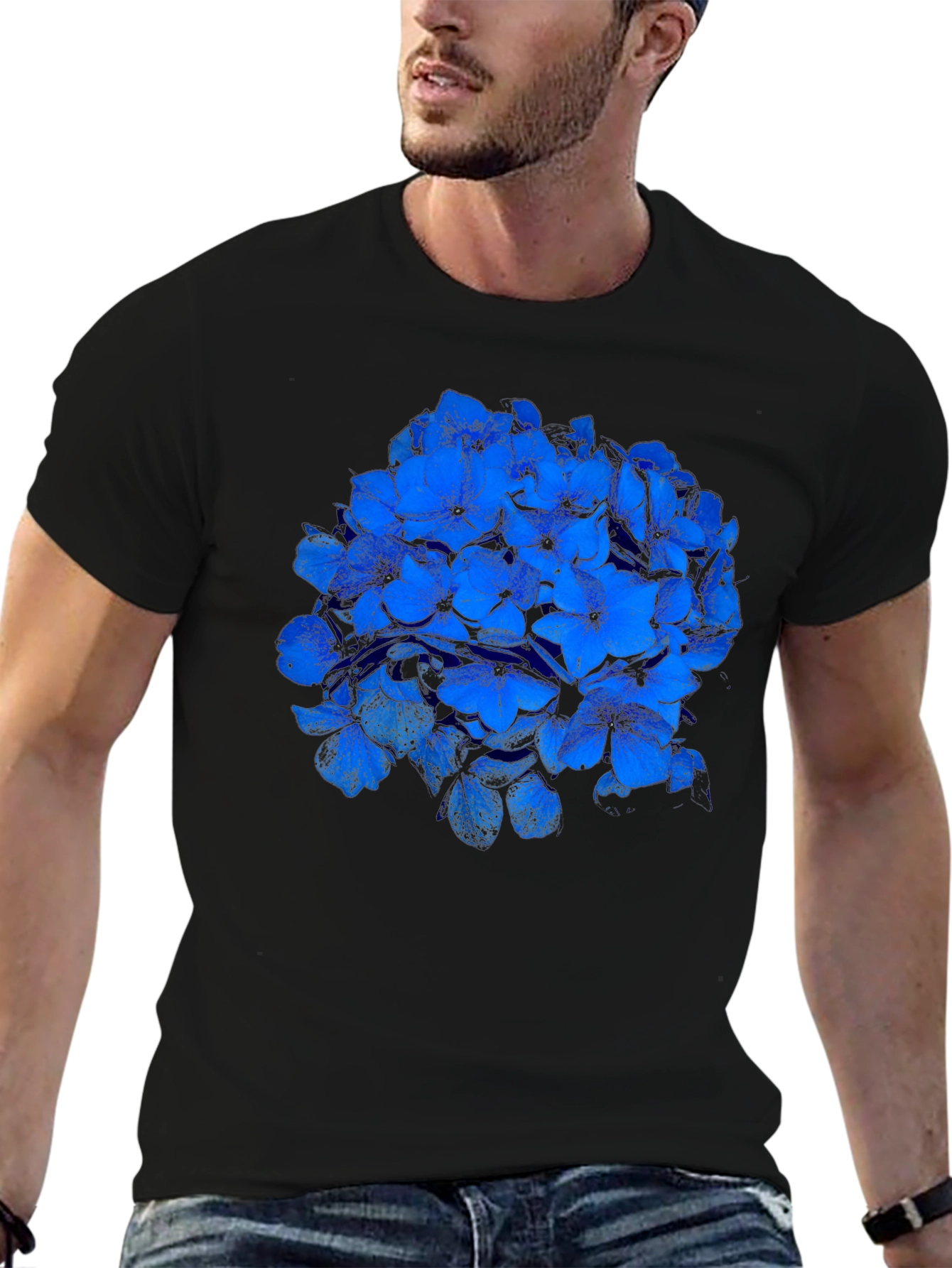 Blue Flower Graphic Black T-Shirt
