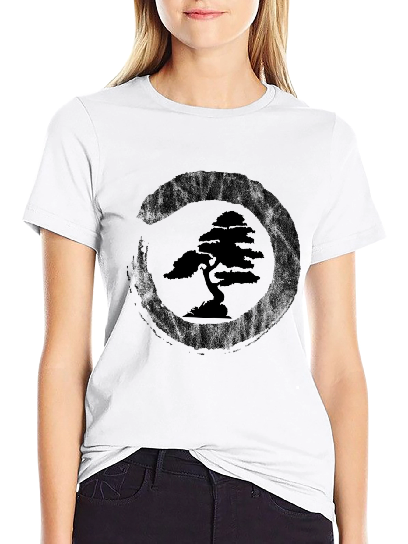 Bonsai Tree Zen Circle Black T-Shirt