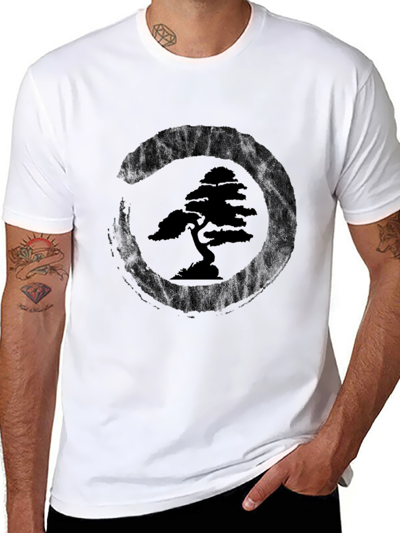Bonsai Tree Zen Circle Black T-Shirt