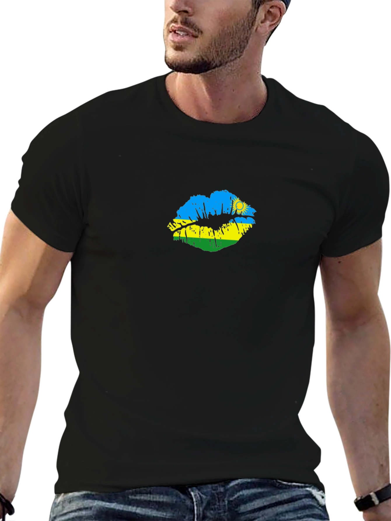 Rwanda Flag Lips Black T-Shirt