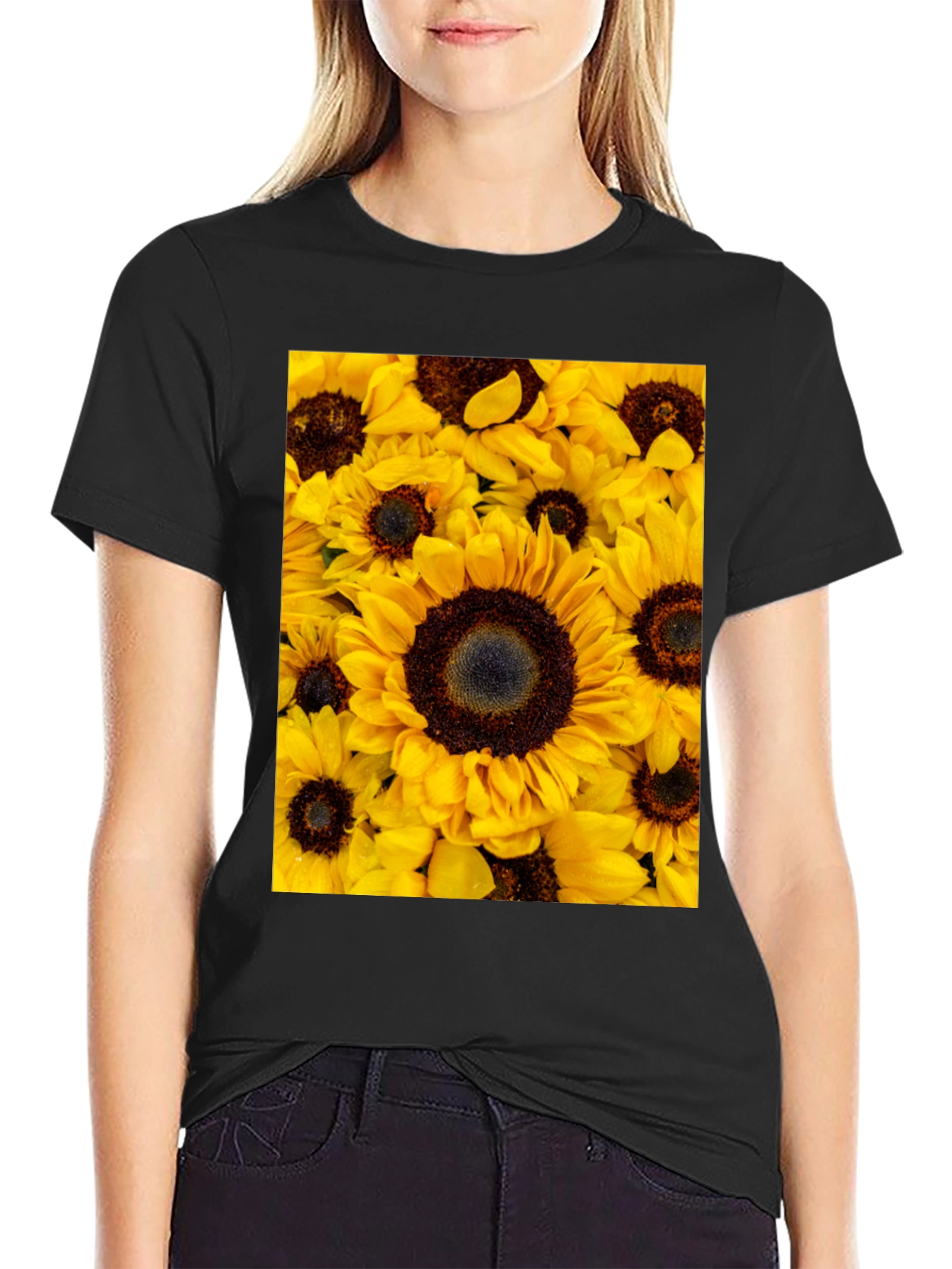 Sunflower Print Black T-Shirt